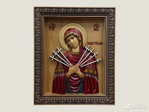 Семистрельная икона Божией Матери резная из дерева — красивый подарок