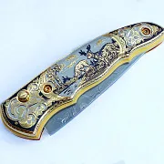 Дамасский складной нож «Олени» — красивый подарок — фотография 2