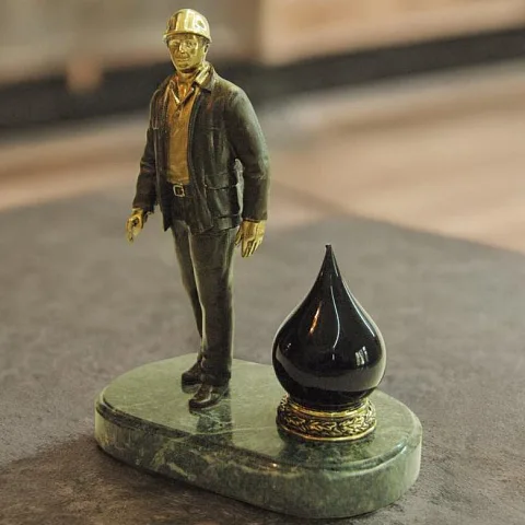 Бронзовая статуэтка «Рабочий нефтяной промышленности» на змеевике в подарок